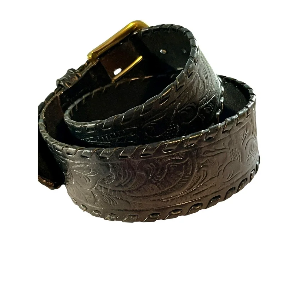 LAUREN Ralph Lauren Tooled Leather Belt M Wide Black Western Boho Cowgirl Rodeo